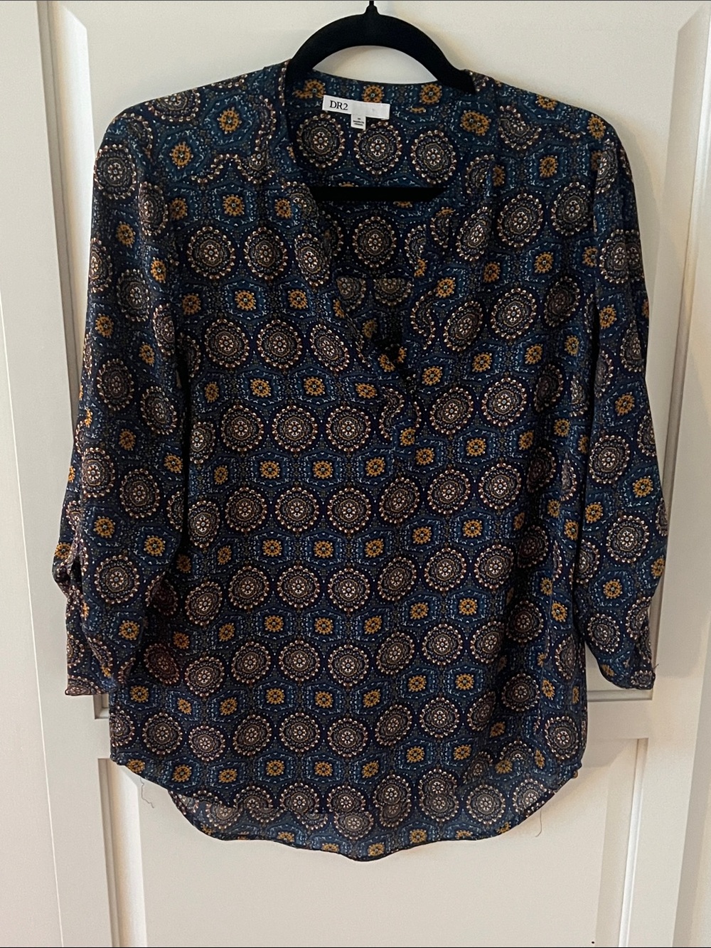 DR2 Navy and Mustard Medallion V-Neck Blouse